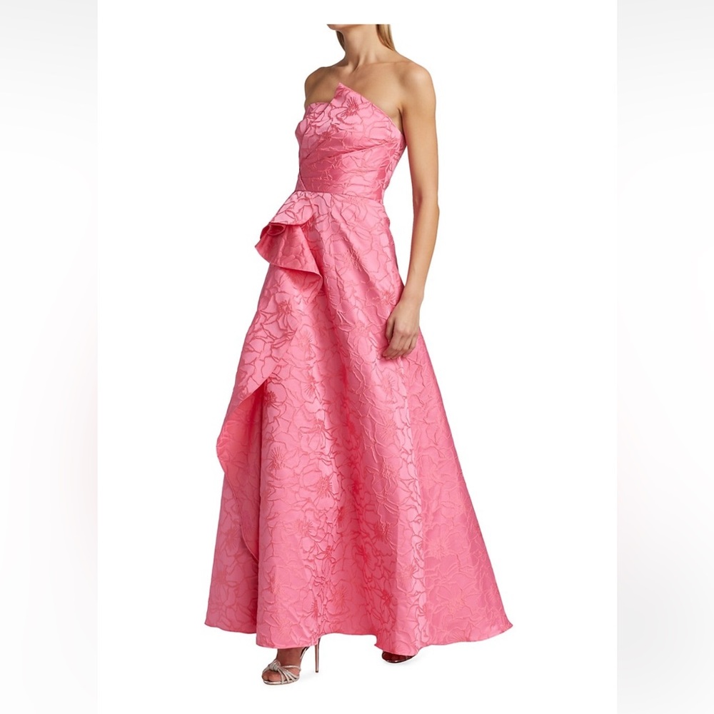 ML Monique Lhuillier Strapless Jacquard Ruffle Gown